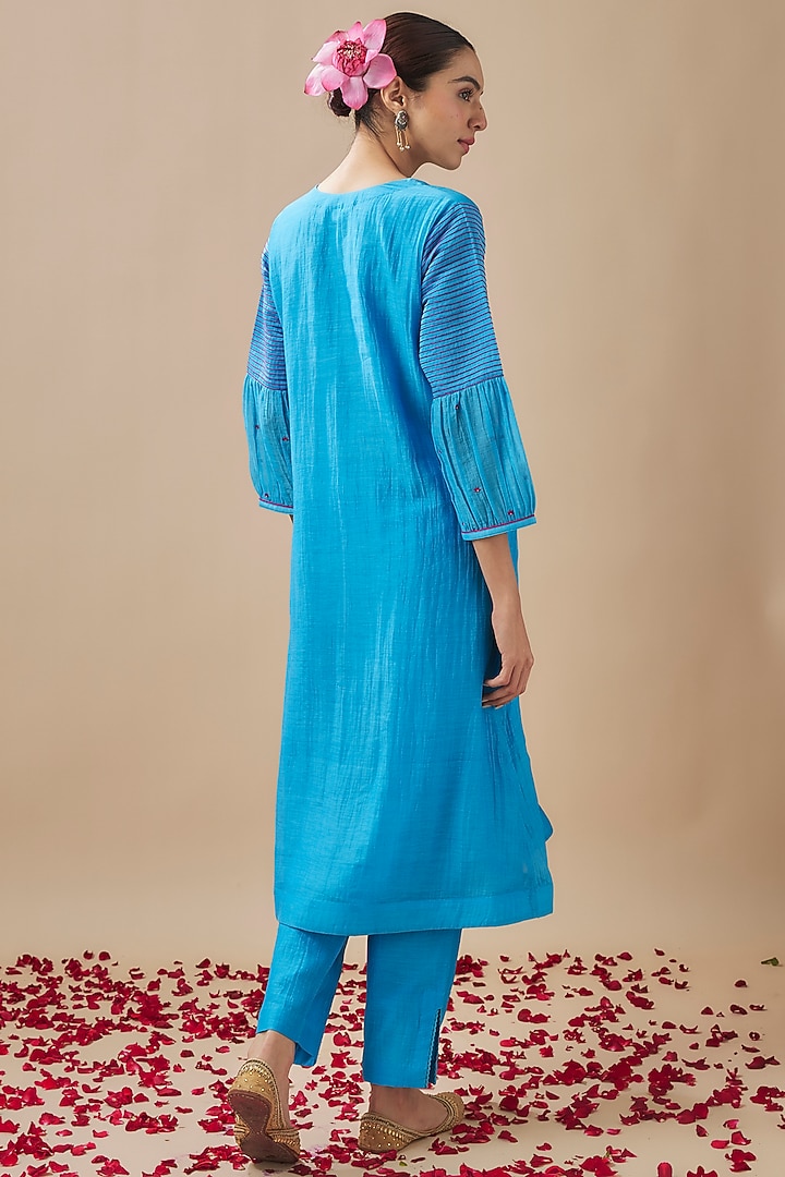 Cyan Blue Chanderi Silk Bead Work Asymmetric Kurta Set by Cupid Cotton at Pernia's Pop Up Shop