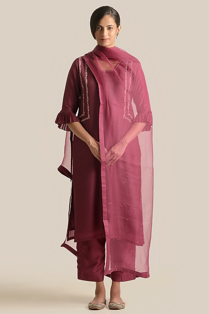 Wine Silk Embroidered Kurta Set by Cupid Cotton at Pernia's Pop Up Shop