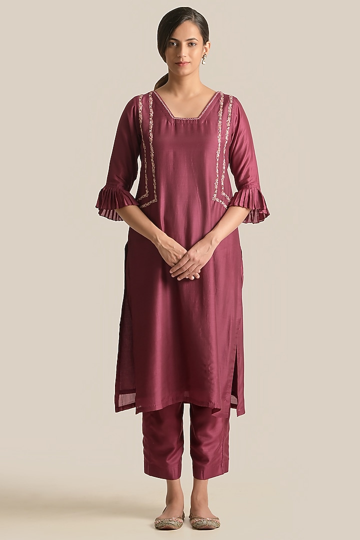 Wine Silk Embroidered Kurta Set by Cupid Cotton at Pernia's Pop Up Shop