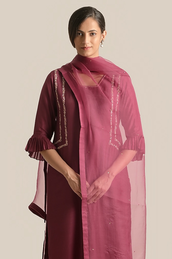 Wine Silk Embroidered Kurta Set by Cupid Cotton at Pernia's Pop Up Shop