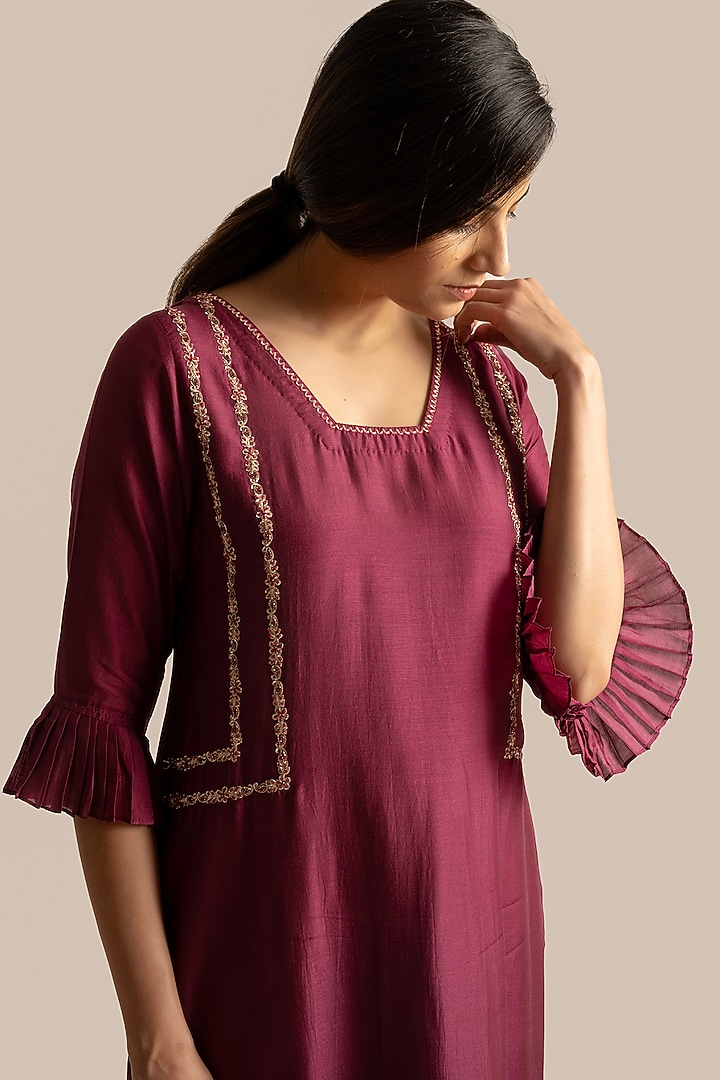 Wine Silk Embroidered Kurta Set by Cupid Cotton at Pernia's Pop Up Shop