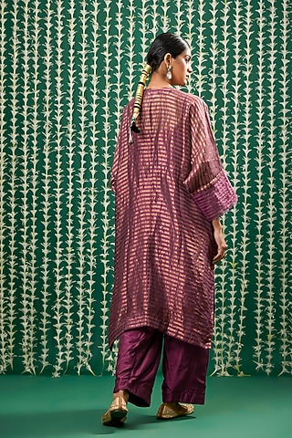 Wine Tissue & Silk Aari Embroidered Kurta Set by Cupid Cotton