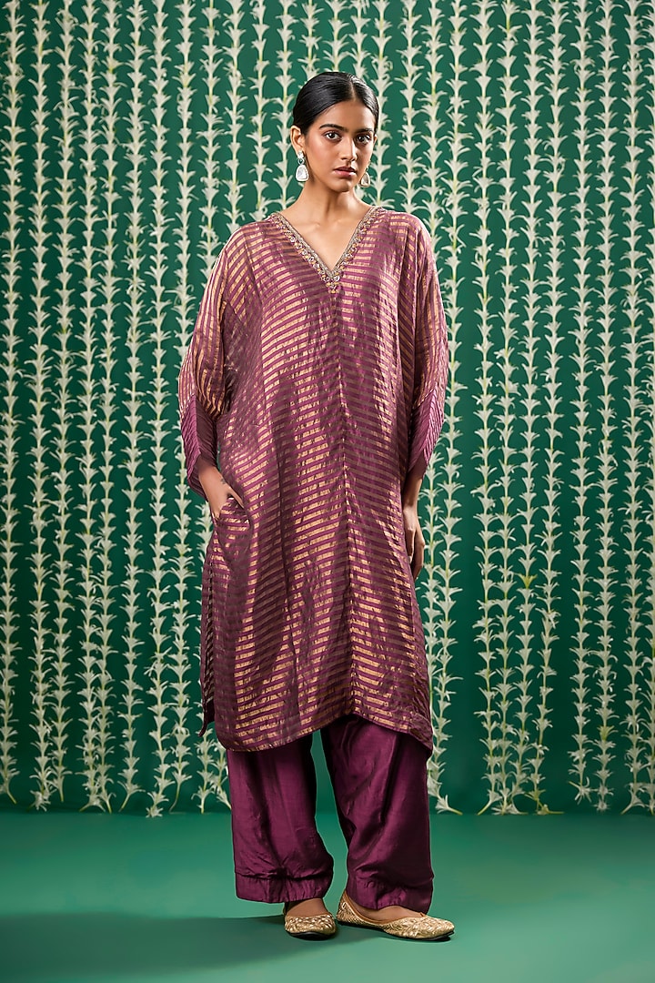 Wine Tissue & Silk Aari Embroidered Kurta Set by Cupid Cotton at Pernia's Pop Up Shop