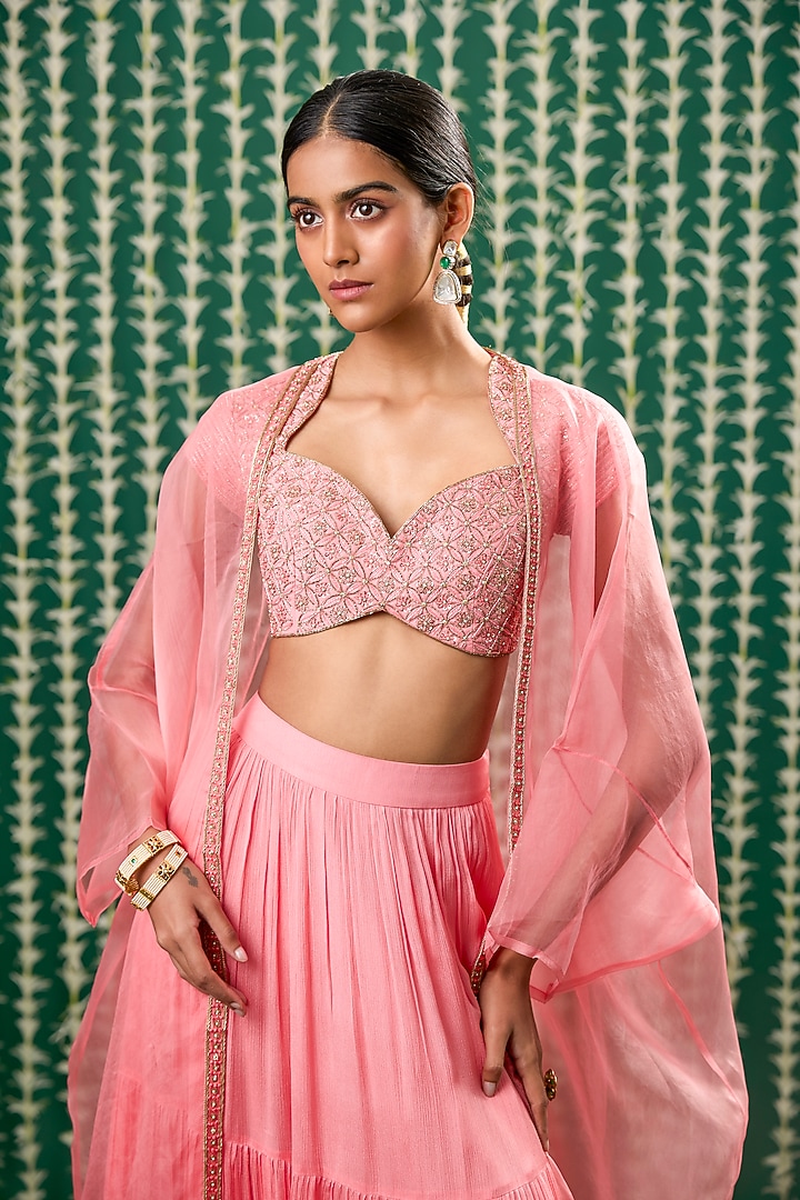 Peach Silk & Chiffon Jacket Wedding Lehenga Set by Cupid Cotton at Pernia's Pop Up Shop