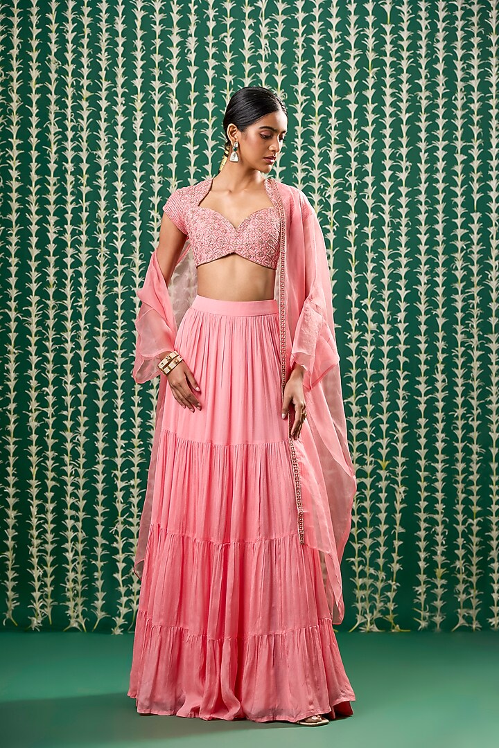 Peach Silk & Chiffon Jacket Wedding Lehenga Set by Cupid Cotton at Pernia's Pop Up Shop