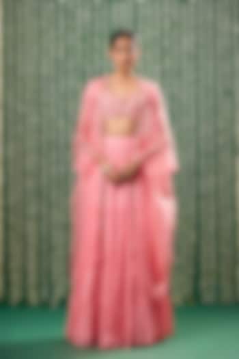 Peach Silk & Chiffon Jacket Wedding Lehenga Set by Cupid Cotton at Pernia's Pop Up Shop