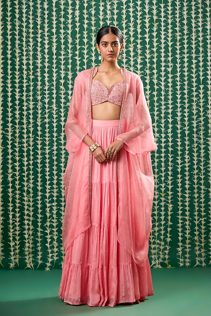 Peach Silk & Chiffon Jacket Wedding Lehenga Set by Cupid Cotton at Pernia's Pop Up Shop
