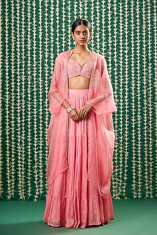 Peach Silk & Chiffon Jacket Lehenga Set by Cupid Cotton