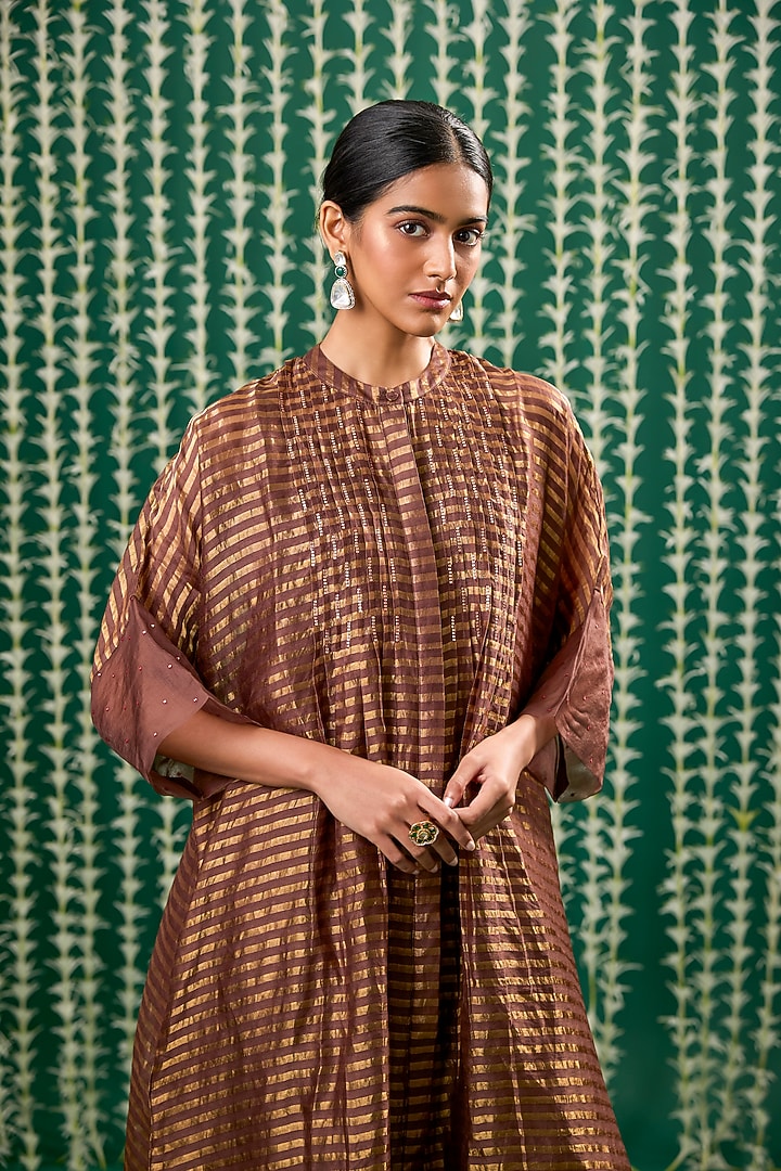 Brown Zari Tissue Sequins Embroidered Kurta Set by Cupid Cotton at Pernia's Pop Up Shop