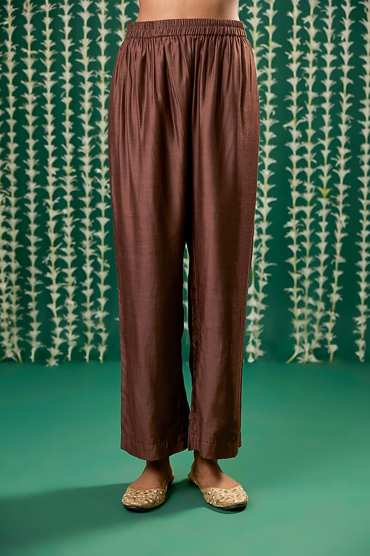 Brown Zari Tissue Sequins Embroidered Kurta Set by Cupid Cotton at Pernia's Pop Up Shop