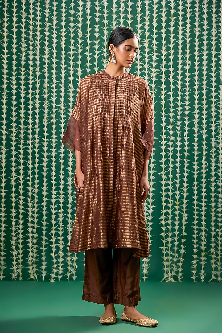 Brown Zari Tissue Sequins Embroidered Kurta Set by Cupid Cotton at Pernia's Pop Up Shop