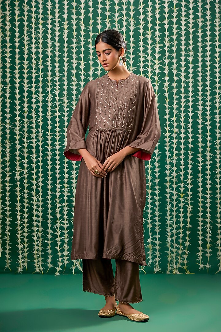 Brown Silk Bead Embroidered Kurta Set by Cupid Cotton at Pernia's Pop Up Shop
