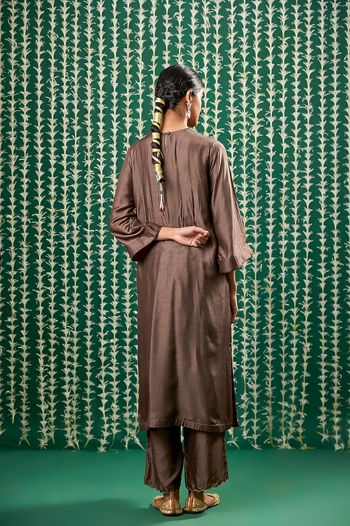 Brown Silk Bead Embroidered Kurta Set by Cupid Cotton at Pernia's Pop Up Shop