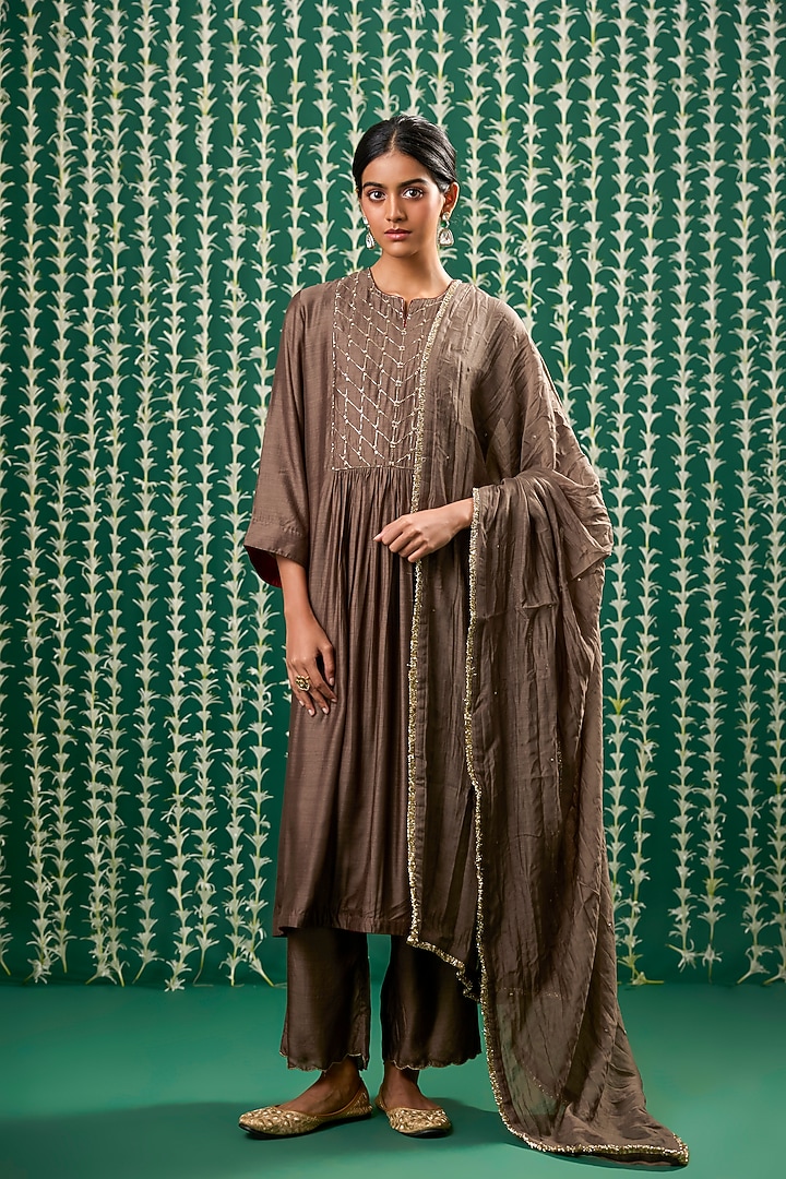 Brown Silk Bead Embroidered Kurta Set by Cupid Cotton at Pernia's Pop Up Shop