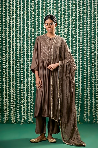 Brown Silk Bead Embroidered Kurta Set by Cupid Cotton