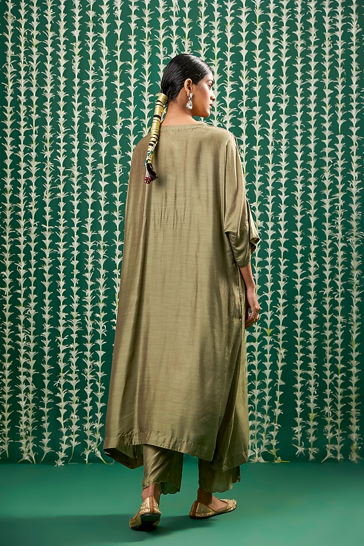 Olive Green Cotton Silk Aari Embroidered Kurta Set by Cupid Cotton at Pernia's Pop Up Shop