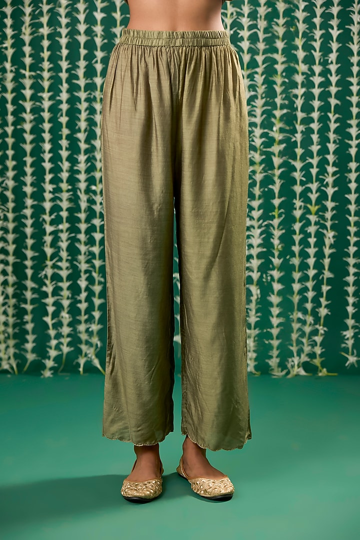 Olive Green Cotton Silk Aari Embroidered Kurta Set by Cupid Cotton at Pernia's Pop Up Shop