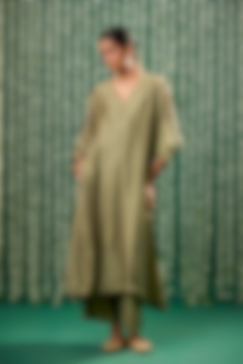 Olive Green Cotton Silk Aari Embroidered Kurta Set by Cupid Cotton at Pernia's Pop Up Shop