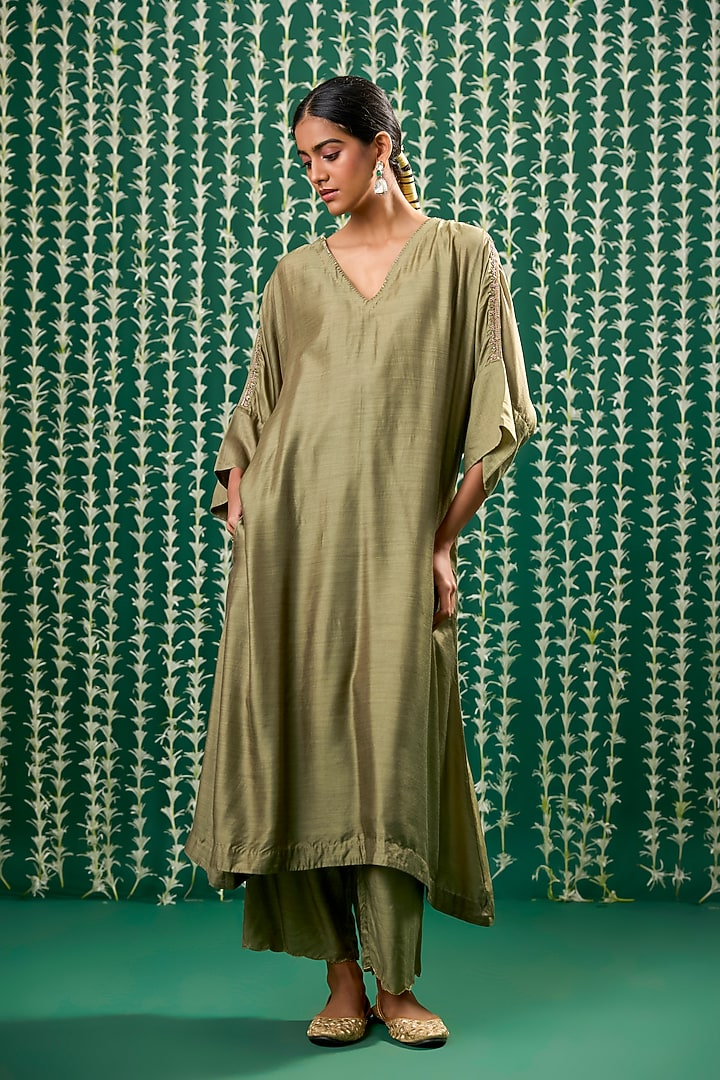Olive Green Cotton Silk Aari Embroidered Kurta Set by Cupid Cotton at Pernia's Pop Up Shop