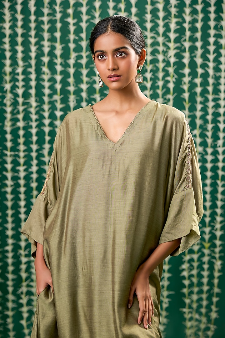 Olive Green Cotton Silk Aari Embroidered Kurta Set by Cupid Cotton at Pernia's Pop Up Shop