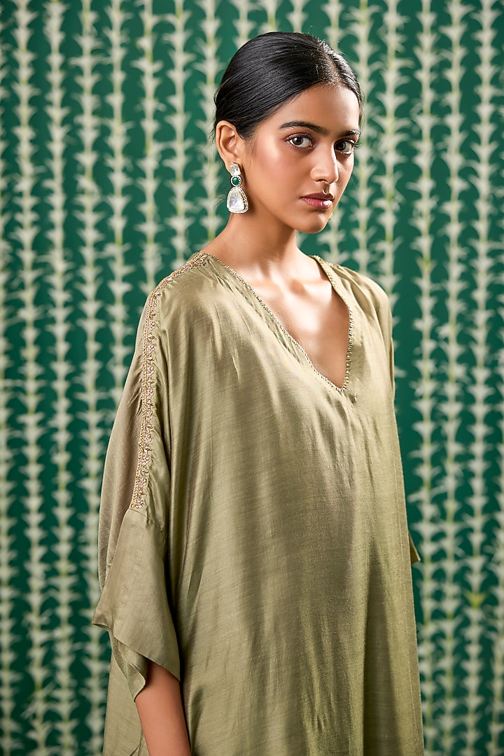 Olive Green Cotton Silk Aari Embroidered Kurta Set by Cupid Cotton at Pernia's Pop Up Shop