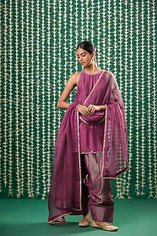 Deep Wine Silk Pitta Embroidered Kurta Set by Cupid Cotton
