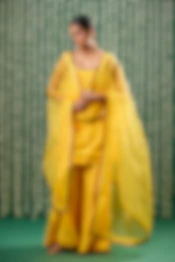 Yellow Silk Pitta Embroidered Kurta Set by Cupid Cotton at Pernia's Pop Up Shop