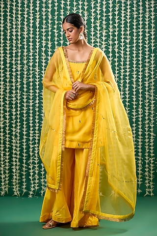 Yellow Silk Pitta Embroidered Kurta Set by Cupid Cotton