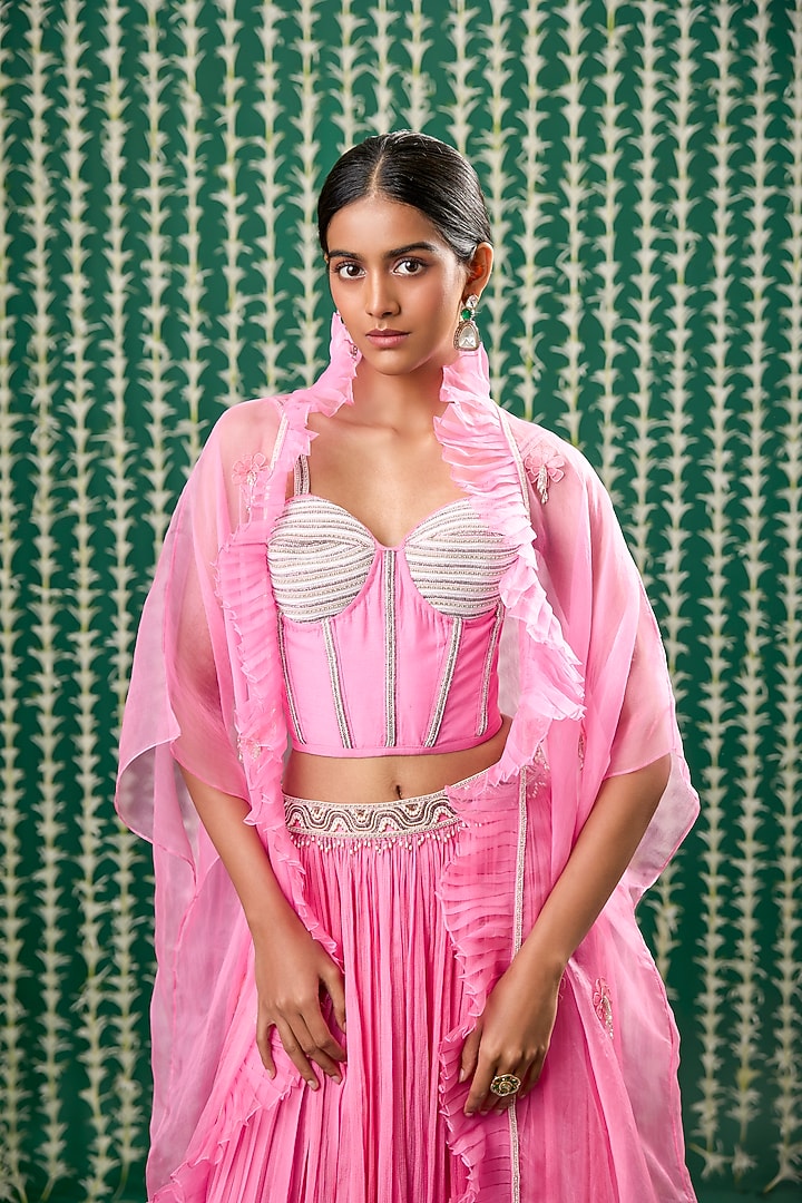 Pink Silk & Chiffon Jacket Wedding Lehenga Set by Cupid Cotton at Pernia's Pop Up Shop