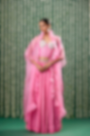 Pink Silk & Chiffon Jacket Wedding Lehenga Set by Cupid Cotton at Pernia's Pop Up Shop