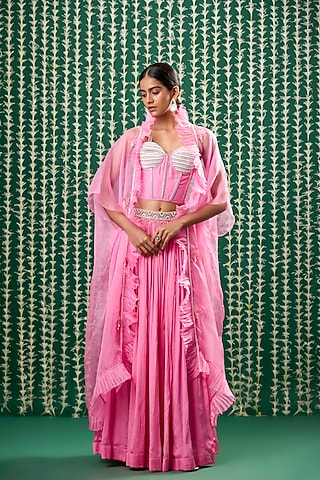 Pink Silk & Chiffon Jacket Lehenga Set by Cupid Cotton