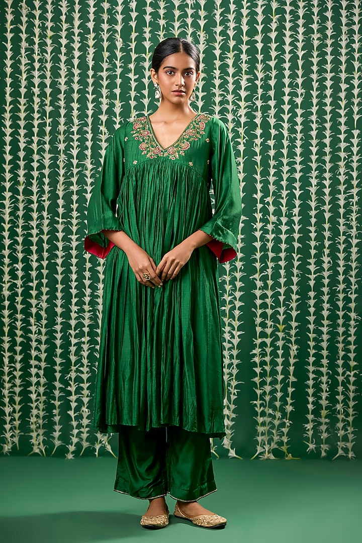 Green Silk Zardosi Embroidered Kurta Set by Cupid Cotton at Pernia's Pop Up Shop