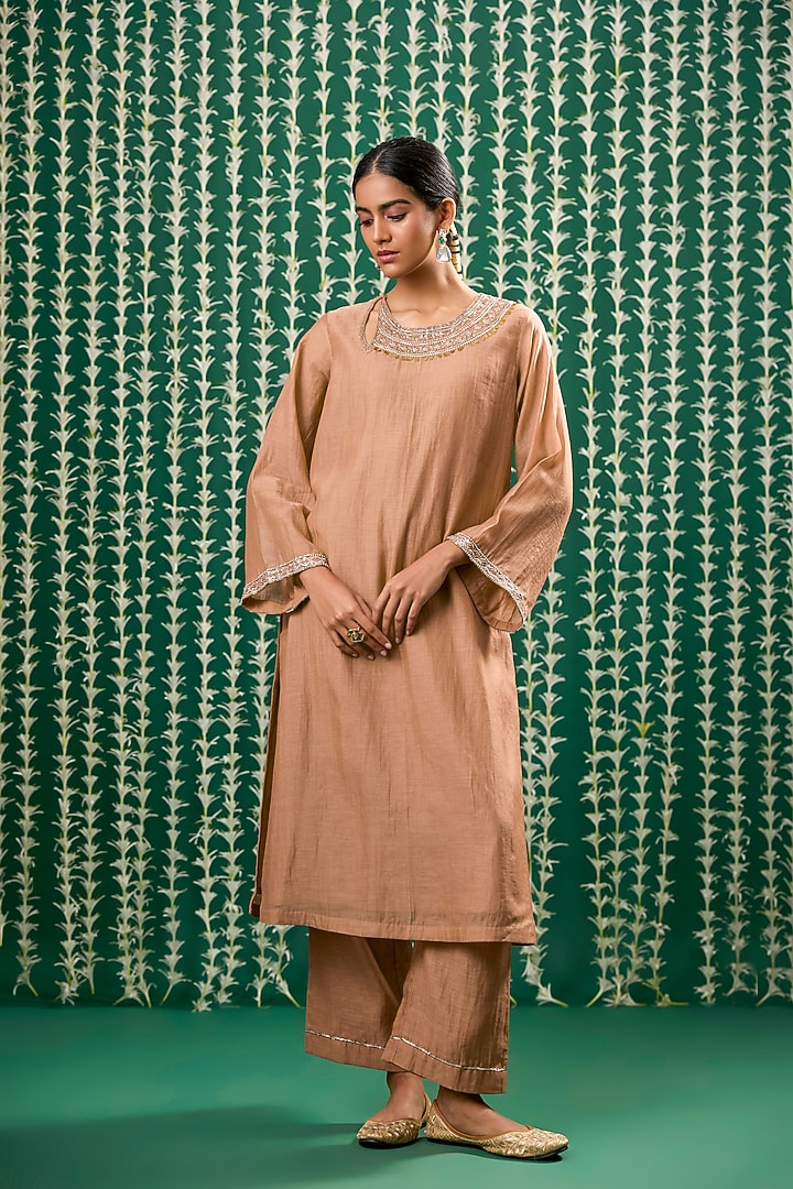 Rust Chanderi Silk Pitta Embroidered Kurta Set by Cupid Cotton at Pernia's Pop Up Shop