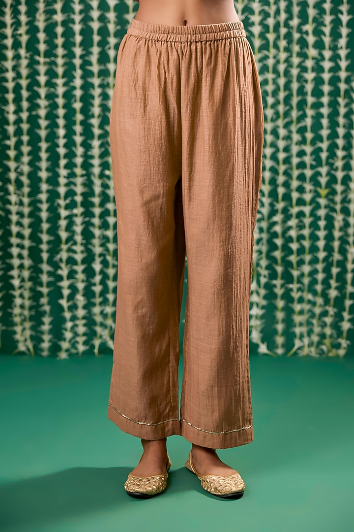 Rust Chanderi Silk Pitta Embroidered Kurta Set by Cupid Cotton at Pernia's Pop Up Shop