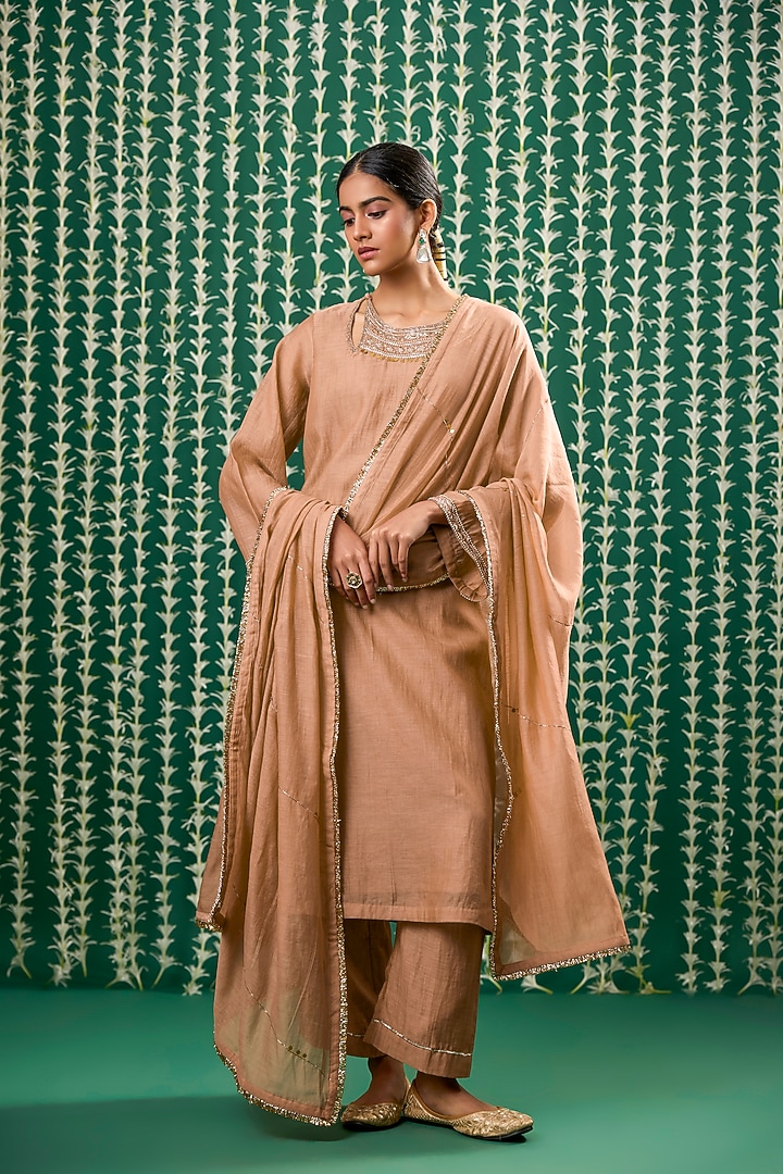 Rust Chanderi Silk Pitta Embroidered Kurta Set by Cupid Cotton at Pernia's Pop Up Shop