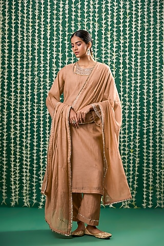 Rust Chanderi Silk Pitta Embroidered Kurta Set by Cupid Cotton