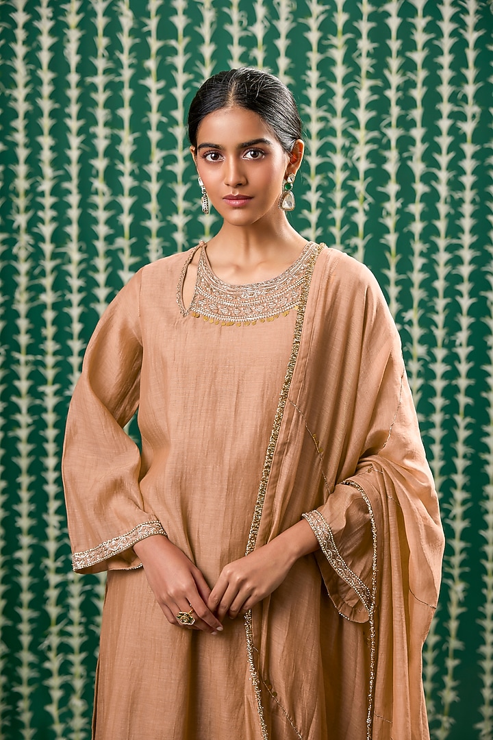 Rust Chanderi Silk Pitta Embroidered Kurta Set by Cupid Cotton at Pernia's Pop Up Shop