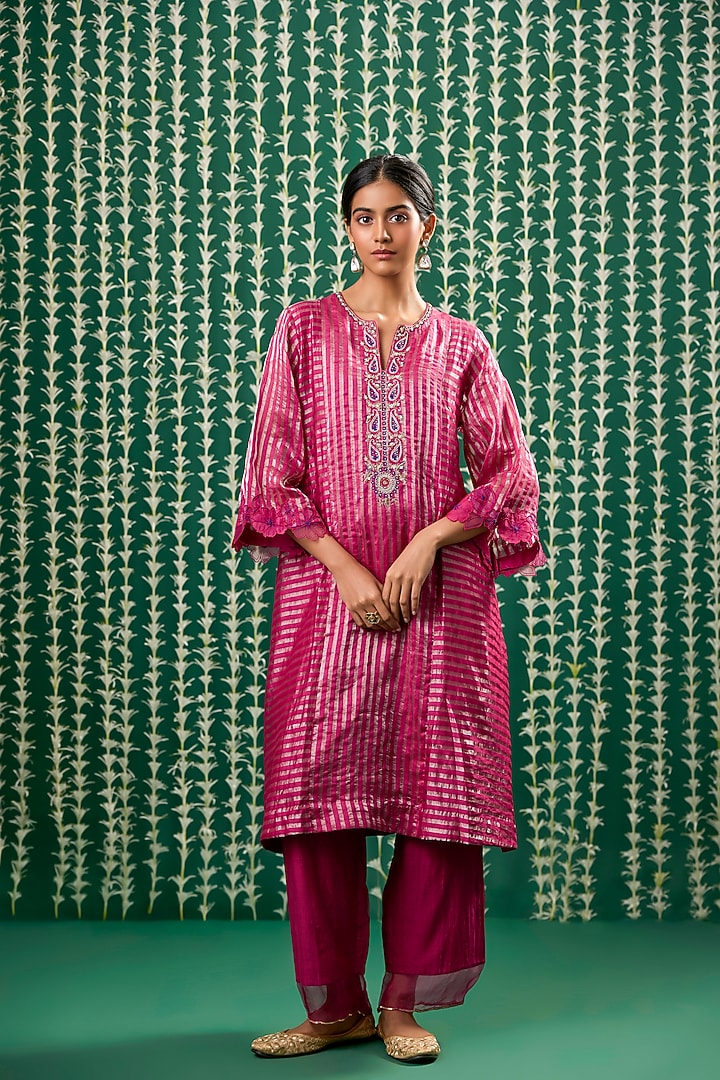 Magenta Tissue Aari Embroidered Kurta Set by Cupid Cotton at Pernia's Pop Up Shop