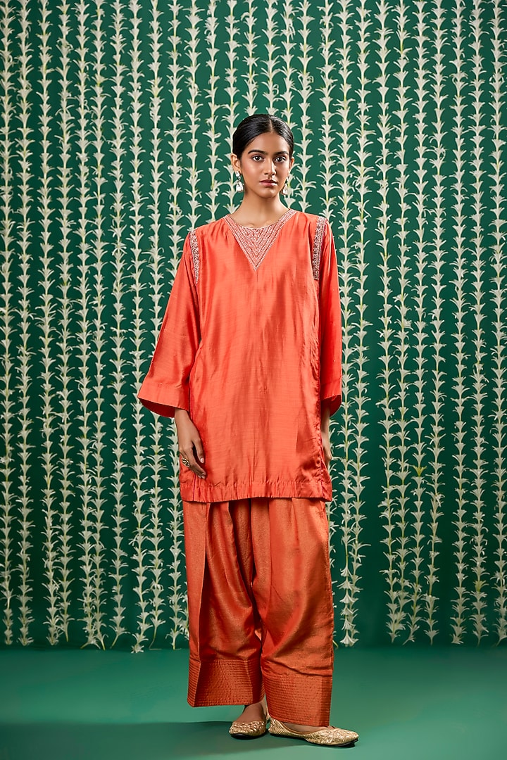 Rust Orange Silk Aari Embroidered Kurta Set by Cupid Cotton at Pernia's Pop Up Shop