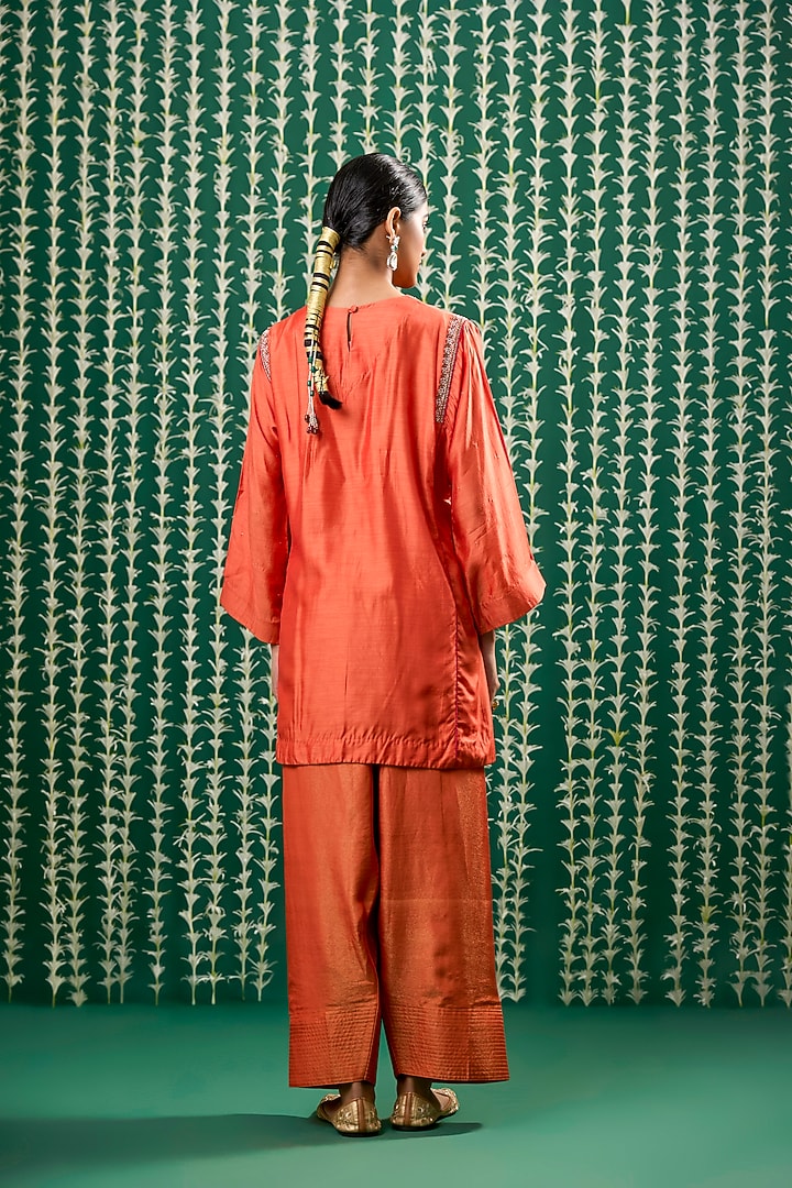 Rust Orange Silk Aari Embroidered Kurta Set by Cupid Cotton at Pernia's Pop Up Shop