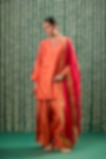 Rust Orange Silk Aari Embroidered Kurta Set by Cupid Cotton at Pernia's Pop Up Shop