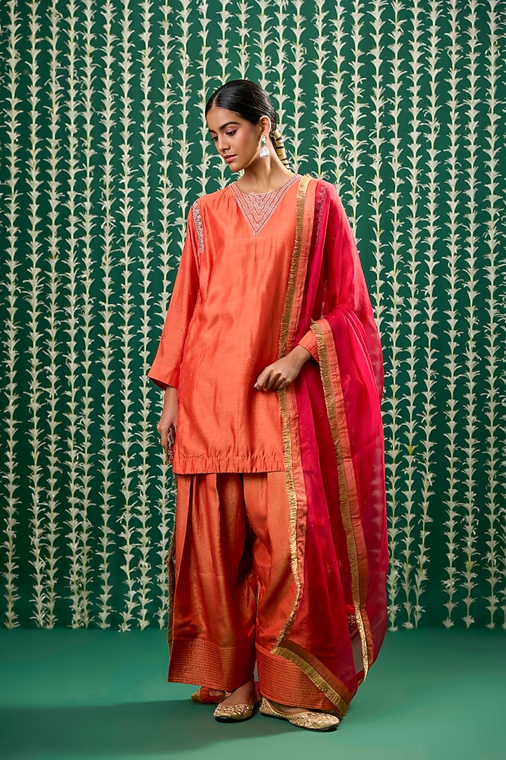 Rust Orange Silk Aari Embroidered Kurta Set by Cupid Cotton at Pernia's Pop Up Shop