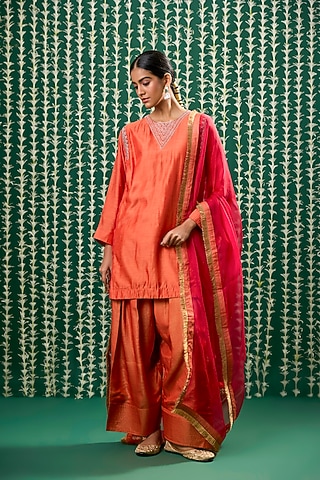 Rust Orange Silk Aari Embroidered Kurta Set by Cupid Cotton