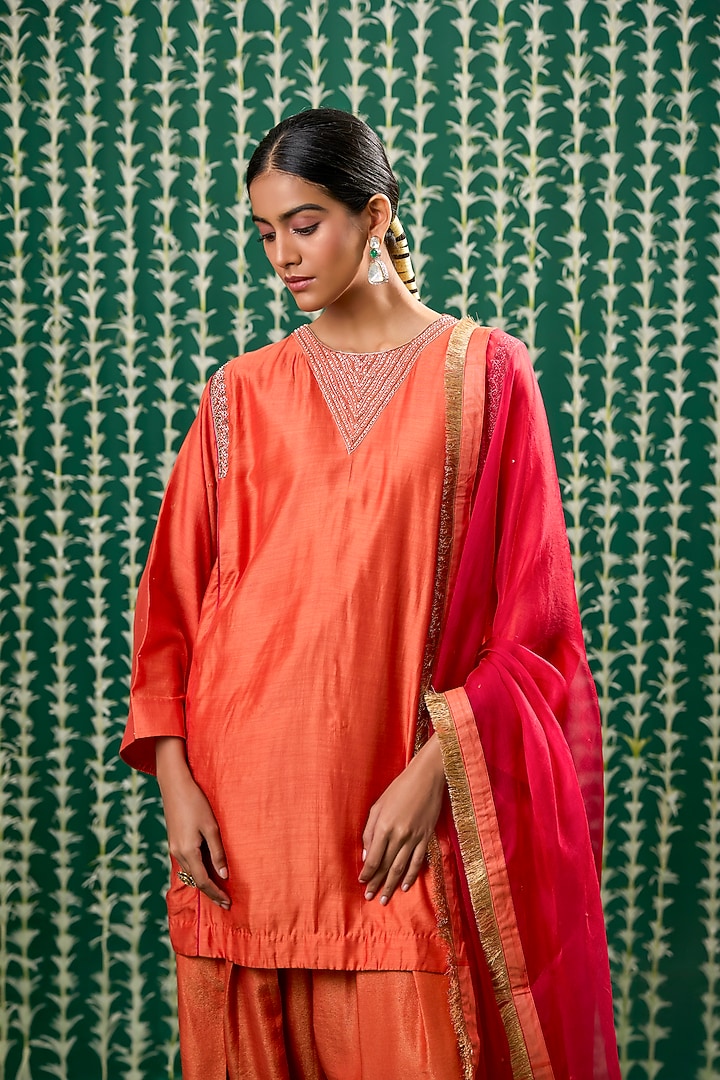 Rust Orange Silk Aari Embroidered Kurta Set by Cupid Cotton at Pernia's Pop Up Shop