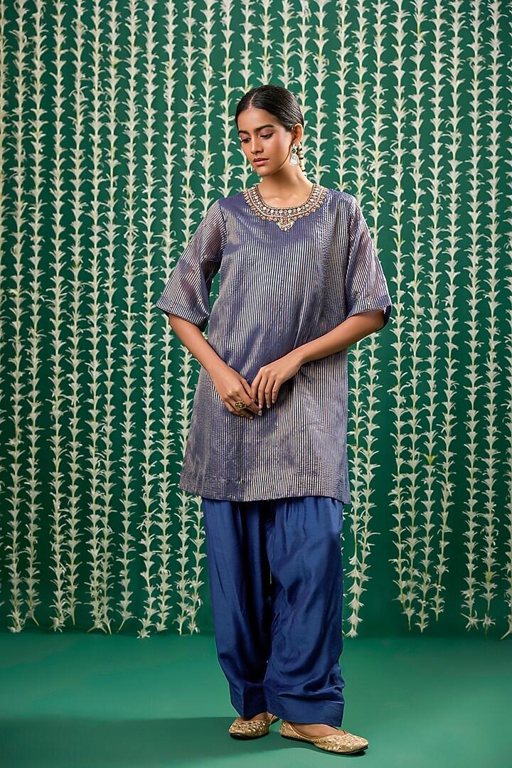 Blue Tissue Aari Embroidered Striped Kurta Set by Cupid Cotton at Pernia's Pop Up Shop