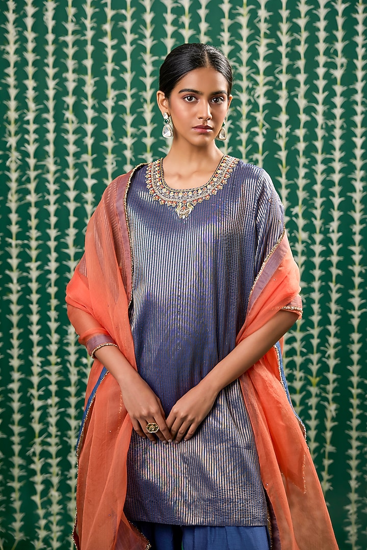 Blue Tissue Aari Embroidered Striped Kurta Set by Cupid Cotton at Pernia's Pop Up Shop