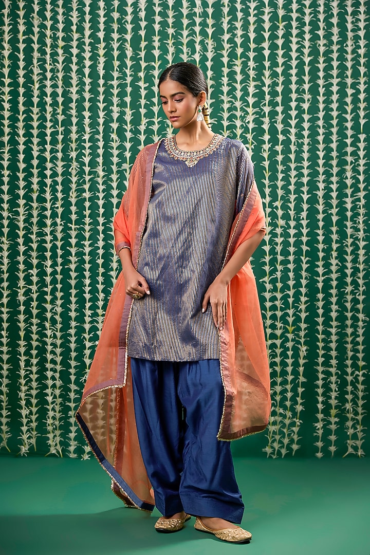 Blue Tissue Aari Embroidered Striped Kurta Set by Cupid Cotton at Pernia's Pop Up Shop