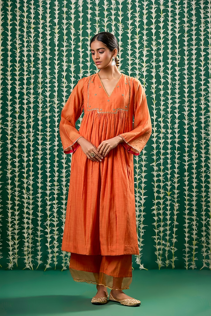 Rust Orange Chanderi Silk Pitta Embroidered Kurta Set by Cupid Cotton at Pernia's Pop Up Shop