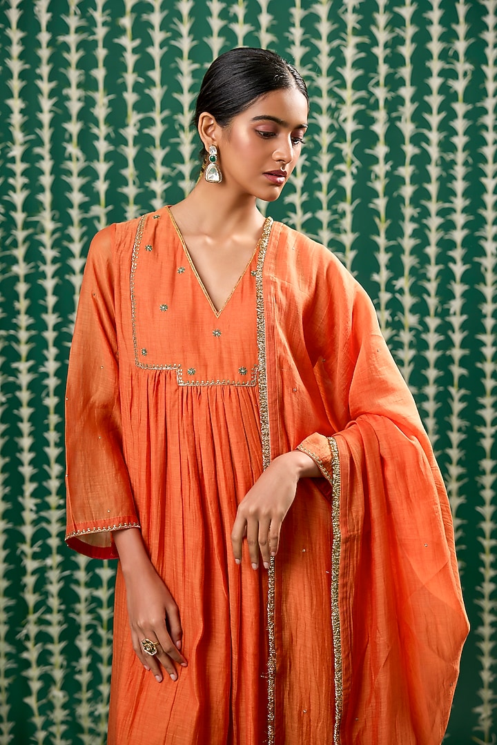 Rust Orange Chanderi Silk Pitta Embroidered Kurta Set by Cupid Cotton at Pernia's Pop Up Shop