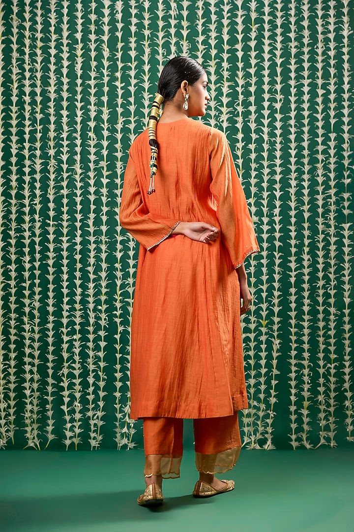 Rust Orange Chanderi Silk Pitta Embroidered Kurta Set by Cupid Cotton at Pernia's Pop Up Shop